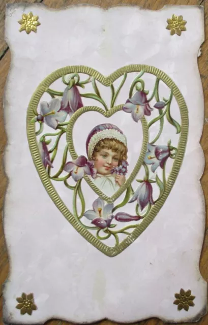 Novelty 1907 Postcard, Die Cut Victorian Applied Scrap, Girl and Purple Flowers