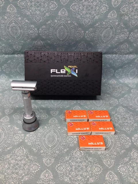Pearl Shaving Flexi Adjustable Double Edge Classic Safety Razor w Stand & Blades