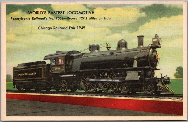 1949 CHICAGO RAILROAD FAIR Postcard "World's Fastest Locomotive" Pennsylvania RR