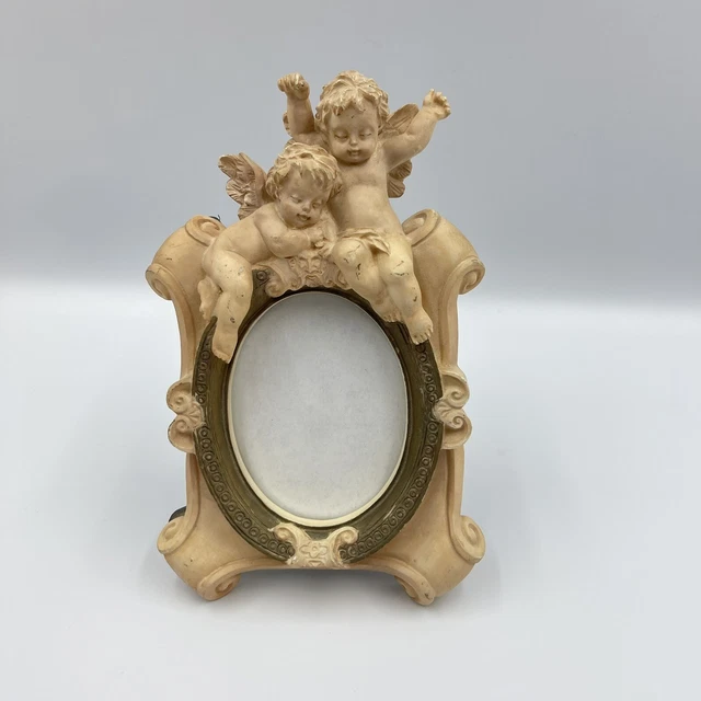 Vintage Resin French Country Cherub Angel Dimensional Picture Oval Frame Ornate