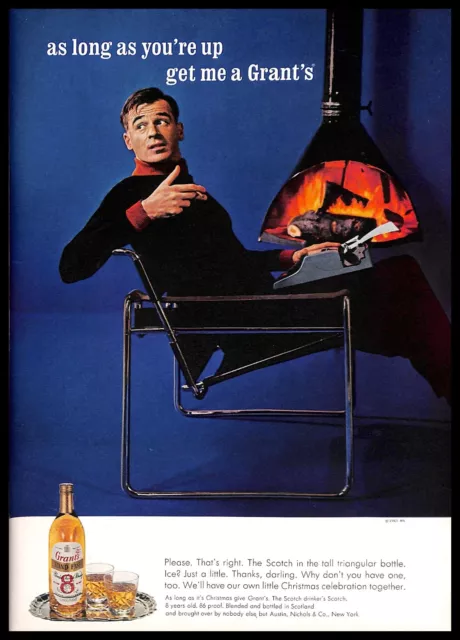 1965 Grant's Scotch Whisky Vintage PRINT AD Alcohol Fire Wood Furnace Christmas