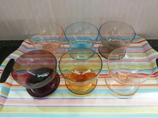 6 VINTAGE HARLEQUIN Footed Glass Dessert Bowls C.50s 60s