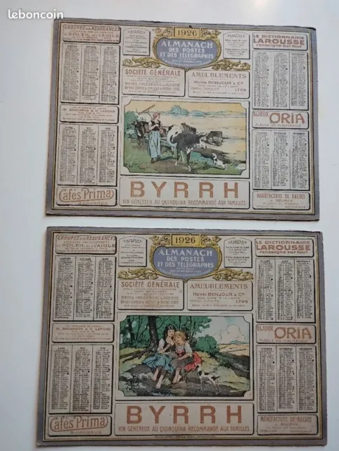 Deux calendriers des PTT de 1926 pubs "BYRRH"