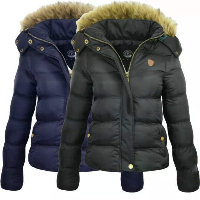 NEW Womens Quilted Winter Fur Collar Hooded Puffer Ladies Parka Jacket Coat