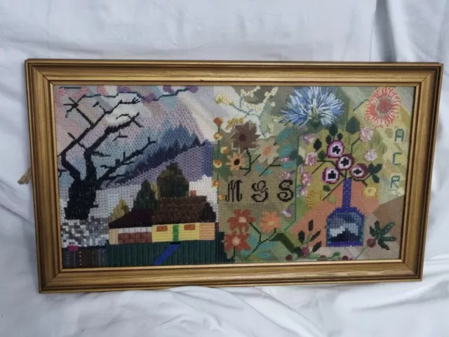 Vintage Forest Cottage Floral Scene Framed Needlepoint sign MGS, ACR - 53x30cm
