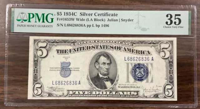 1934C $5 Silver Certificate Fr#1653W Wide (LA Block) PMG 35 Choice Very Fine