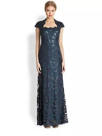 TADASHI SHOJI Navy Blue Sequined Lace Square Neck Gown, Size 4,NEW W/TAG