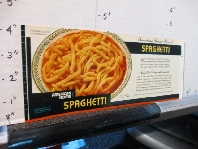 AMERICAN HOME spaghetti 1936 metal tin can food label National tea Nancy Talbot