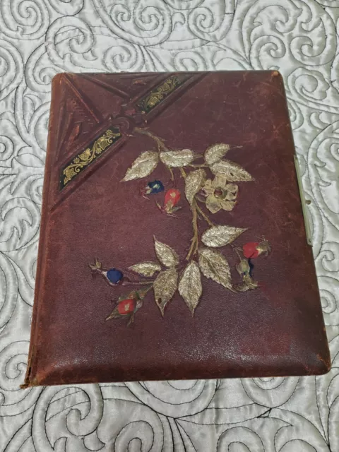 Antique 1800s Leather Gilded and Embroidered Photo Album 34 Pages - NICE!