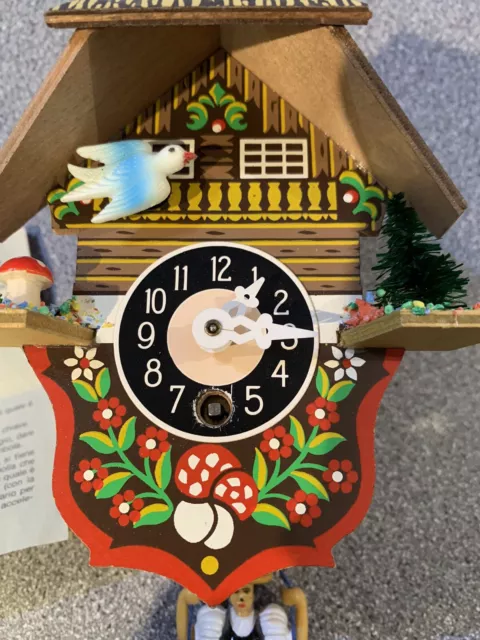 Miniature Cuckoo Clock Wind Up Chalet Blue Bird Mushroom Germany? Kitch 2