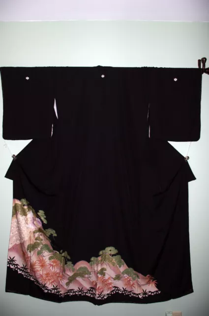 Lovely! Vintage Japanese Silk Kimono Showa Tomesode w Peacock and pine 64in long