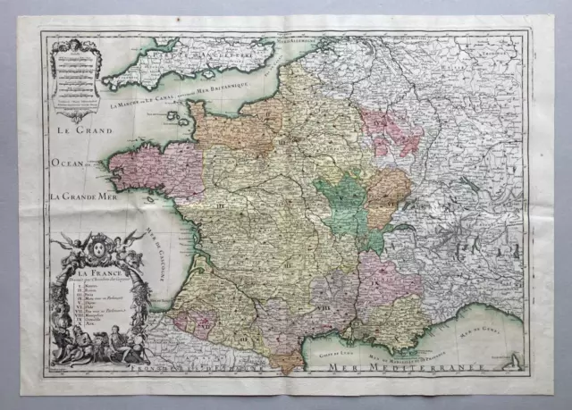 Grande carte de la France. 1713. Chez JAILLOT. Aquarellée