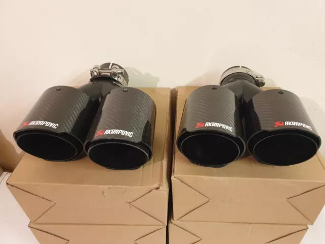 Black Double 3.5" Akrapovic Style Gloss Carbon Black Exhaust Tips Staggered Bb1