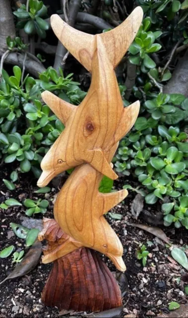 Hand carved wooden dolphin statue from Bali-20x7 inches