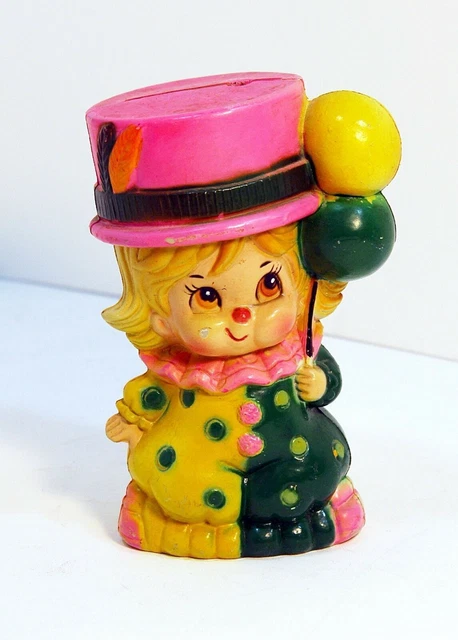 Vintage 1970s Plastic Funny Girl Clown Bank Souvenir Coin / Piggy Bank w/Plug