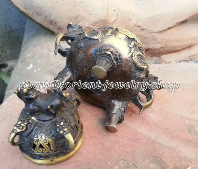 Chinese Old Bronze Gilt Dragon Foo Dog Lion Beast Statue Incense Burners Censer 2