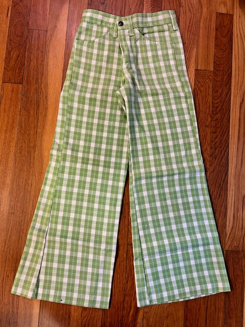 vtg Buster Brown retro green PLAID FLARED PANTS old bell bottom kids jeans 10