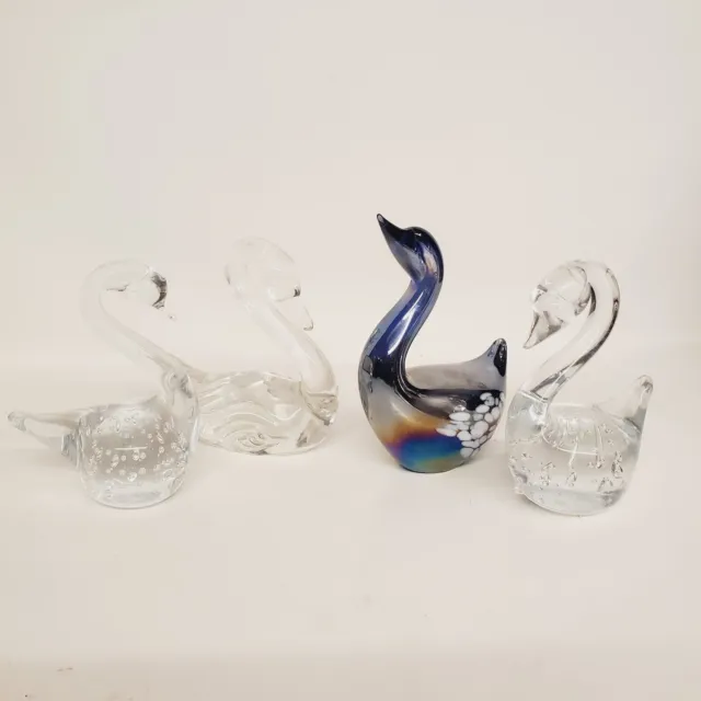 VTG Handblown Art Glass Paperweight Clear Swan Figurines Dark Iridescent  Swans