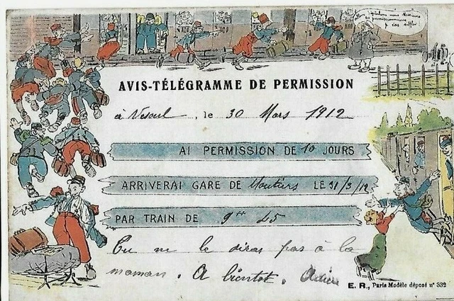 CPA Antique 1912 Great War Telegram Postcard Permission,