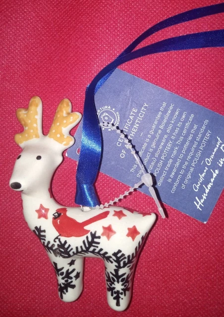 Bolesławiec Polish Pottery Reindeer Christmas Ornament Red Carnal stars