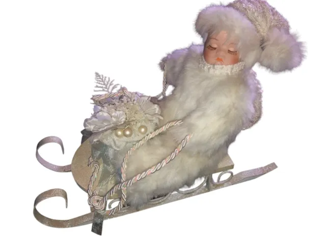 Vintage Heritage Signature Collection Porcelain Doll In Sleigh Winter Baby