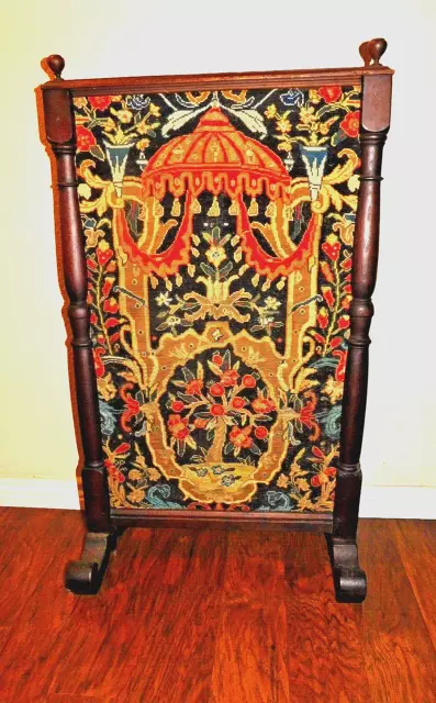 Antique France Tapestry Renaissance Wood Fireplace Screen Needlepoint Beautiful!