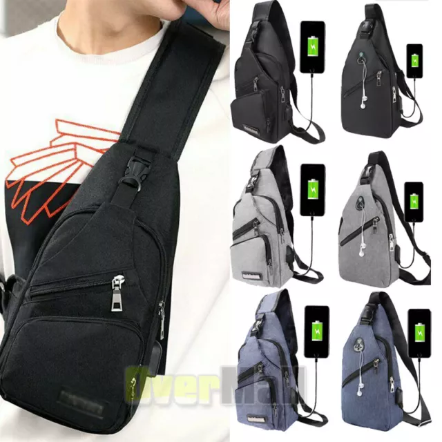 Men's Chest Bag Shoulder Sling Pack USB Charging Port Sports Crossbody Handbag