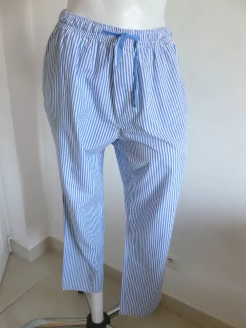 Neuf Pantalon Pyjama Pur Coton Teinte Rayure Pastel Bleu Ciel Et Blanc 40 / 42