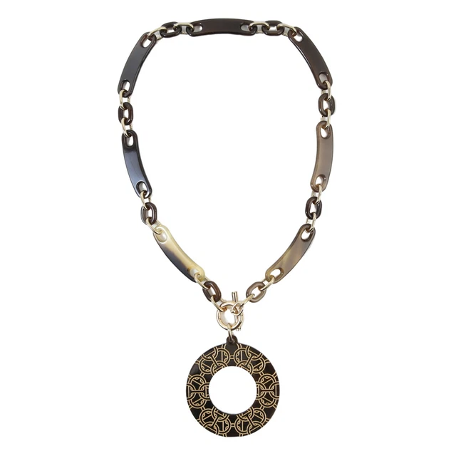 Hermes Buffalo Horn Shane Dunkle Necklace Brown Gold Hardware