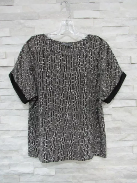 NEW Vince Black Taupe White Geo Print Silk Crepe de Chine Relaxed Top Blouse XXS