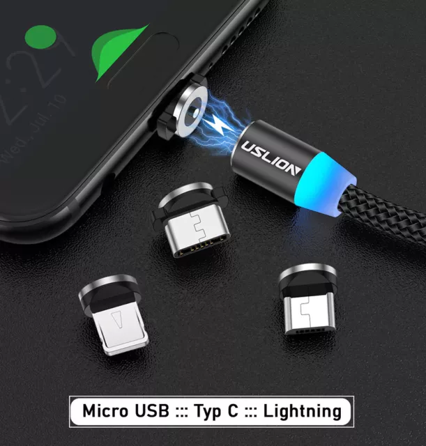 LED Ladekabel 2m lang Magnetisch Micro USB Typ C Samsung HTC Huawei Google Pixel