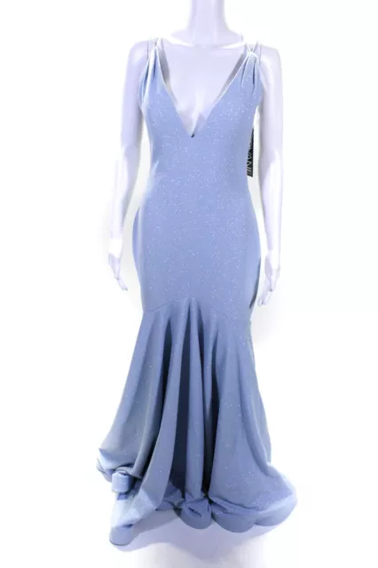 Jovani Womens Glitter Spaghetti Strap Plunge V Neck Gown Dress Light Blue Size 8