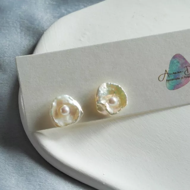 Fried Egg Natural Petal Pearl Stud Earrings, 2 way Natural Pearl Stud Earrings