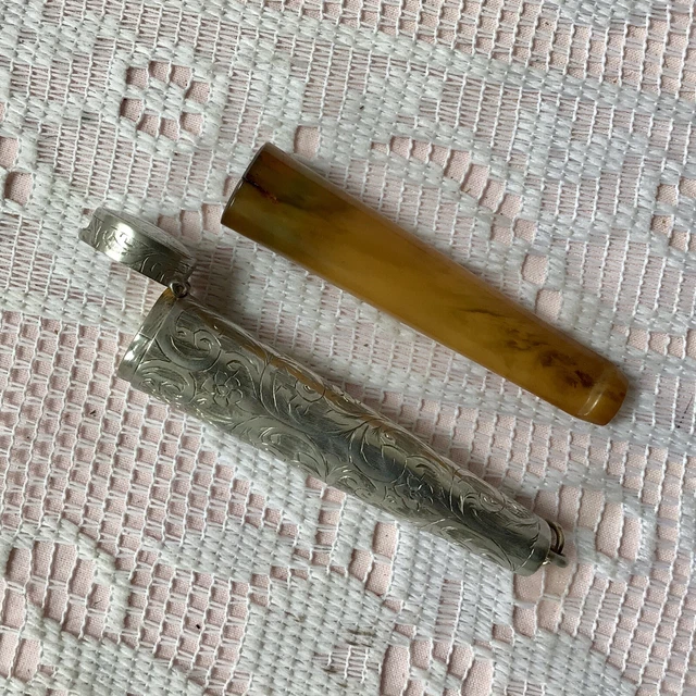 1905 Chester Silver Cheroot Case & Original Butterscotch Amber Cheroot Holder