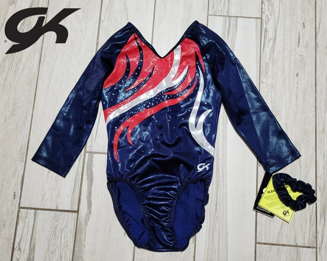 COMPETITION GK Elite gymnastics Leotard AL Large 3/4 sleeve Blue Red RHINESTONES