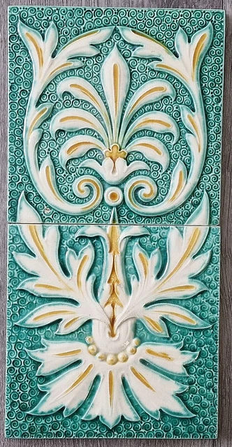 Panel Of Two Minton Hollins & Co Relief Moulded Tiles Neo Classical Motif C1920 Panel Of Two Minton Hollins & Co Relief Moulded Tiles Neo Classical Motif C1920