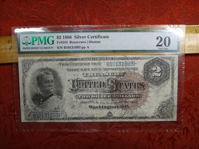 1886 US $2 Two Dollar Silver Certificate FR 244 Graded PMG 20 VF - Free S&H USA