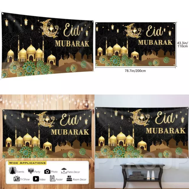 Eid Mubarak Decorations, 200 x 110CM, Large Fabric 78 x 43INCH, BLACK+GOLD