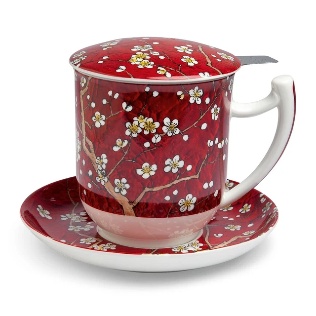 Tasse à Thé En Porcelaine Céladon Avec Passoire Intérieure Et Couvercle - Jade Chinoise Vert 4 Motifs Optionnels