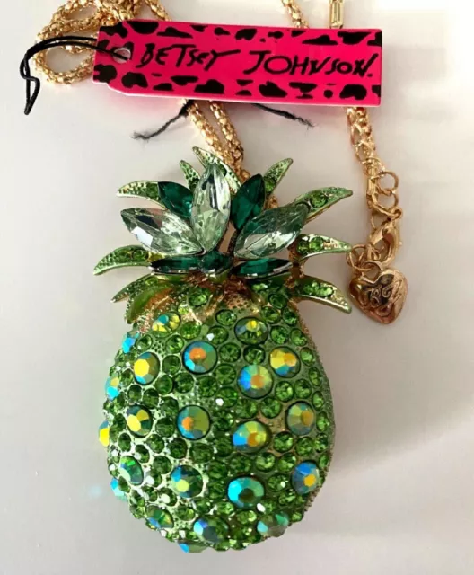 Betsey Johnson Gold Green Crystal Pineapple Necklace Tropical Fruit Hawaii