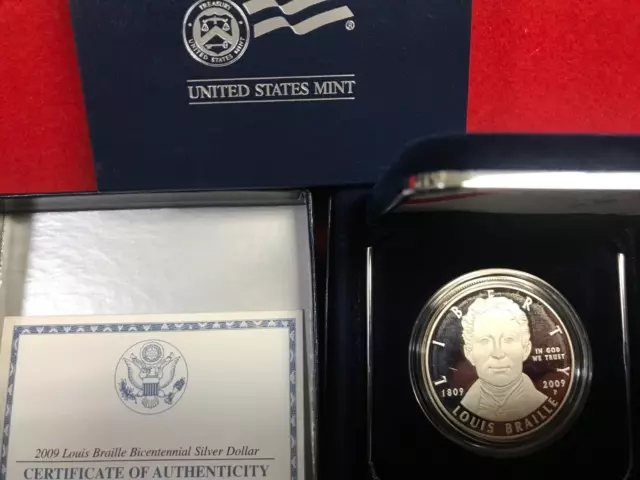 2009 US Louis Braille Bicentennial Proof Silver Dollar in Case and Box with COA