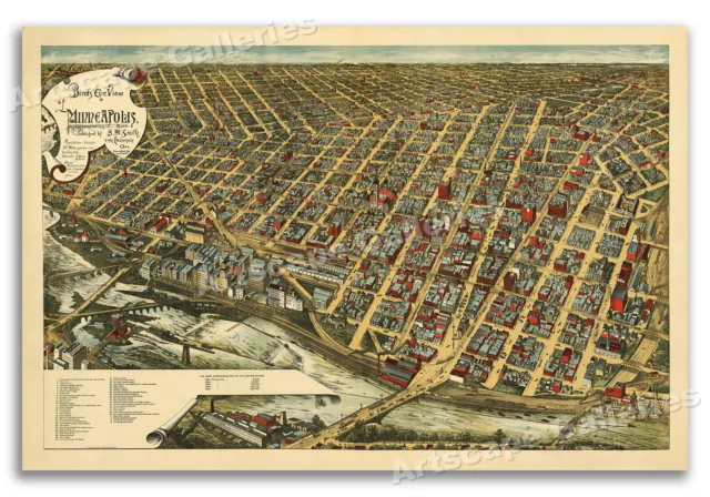 1891 Minneapolis Minnesota Vintage Old Panoramic City Map - 24x36