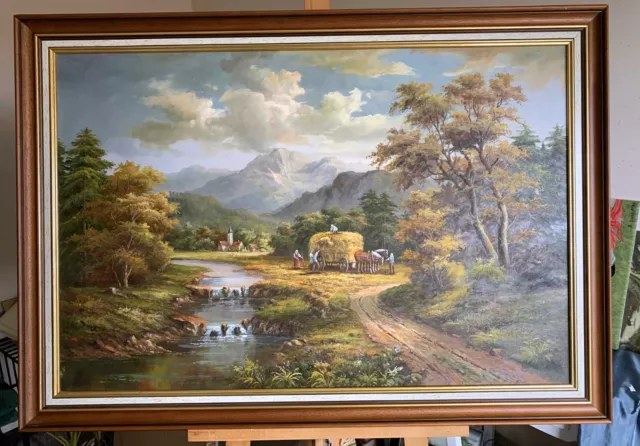 Ölgemälde Ernteszene am Bergbach Landschaft handgemalt Leinwand Keilrahmen 80x60