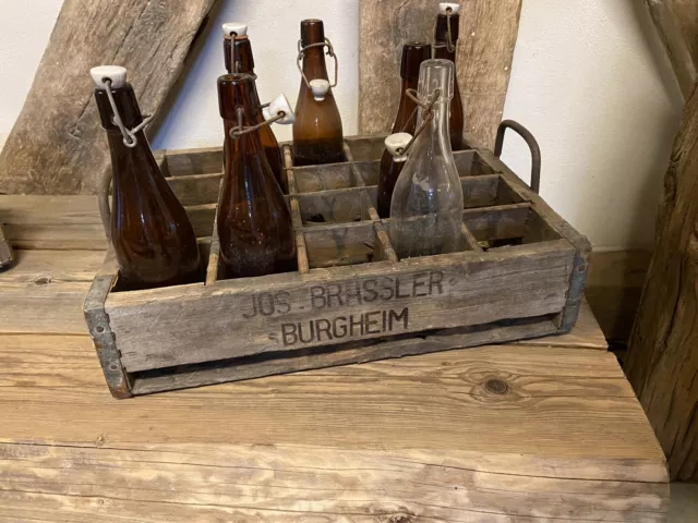 antike Holz- Bierkiste  JOS. BRASSLER BURGHEIM - Bier Reklame Werbung alte Trage