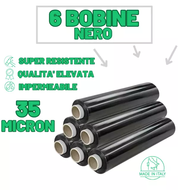 6 Rotoli Film Estensibile Nero Per Imballaggi 2,4 Kg 50cm Pellicola 40 Micron