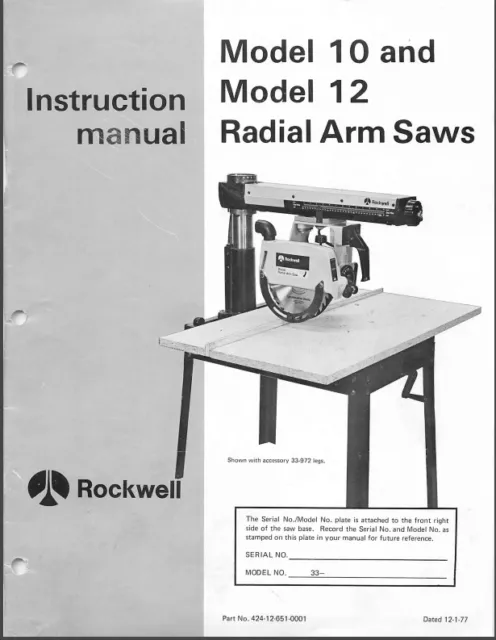 Delta 10, 12 Radial Arm Saw Instructions Manual & Parts for 10 12 PLUS List PDF