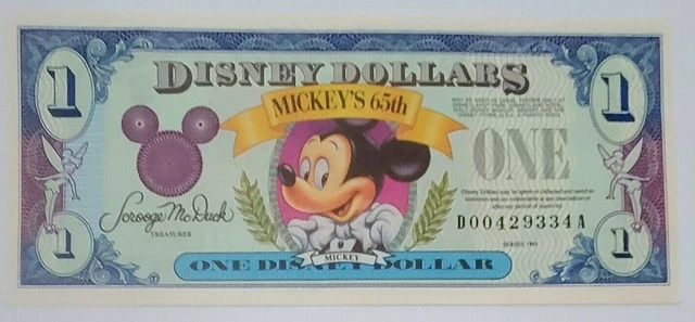 MICKEYS 65th ANNIVERSARY TEXTURED DISNEY DOLLAR UNCIRCULATED NO CRINKLES 