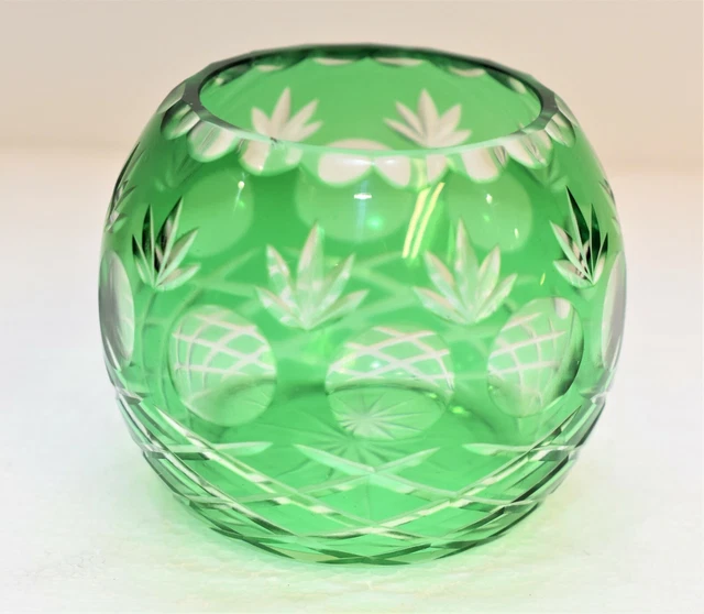 Vintage Green Cut to Clear Czech Bohemian Fish Bowl Small Vase - 21Bs