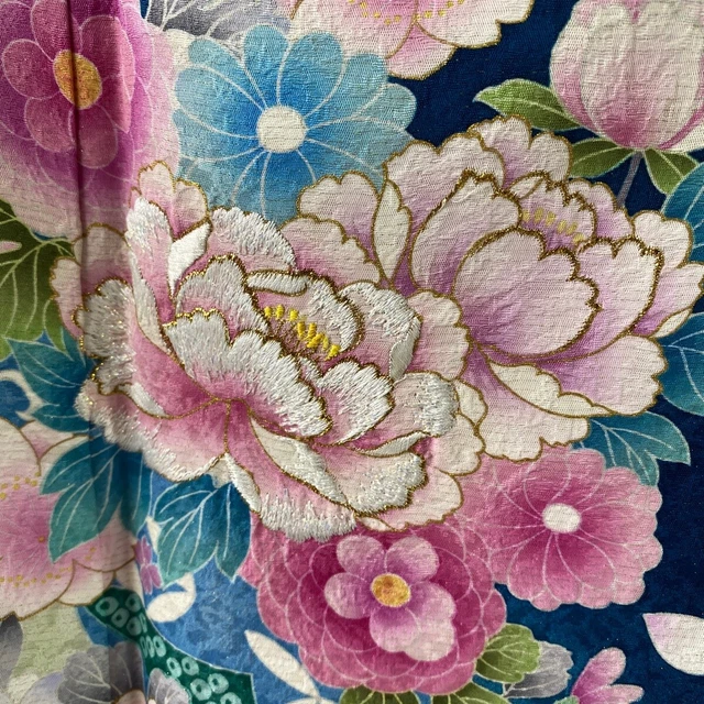 Japanese Silk Kimono Vintage Furisode Gold Peony Cherry Tree Embroidery Blue 65" 3