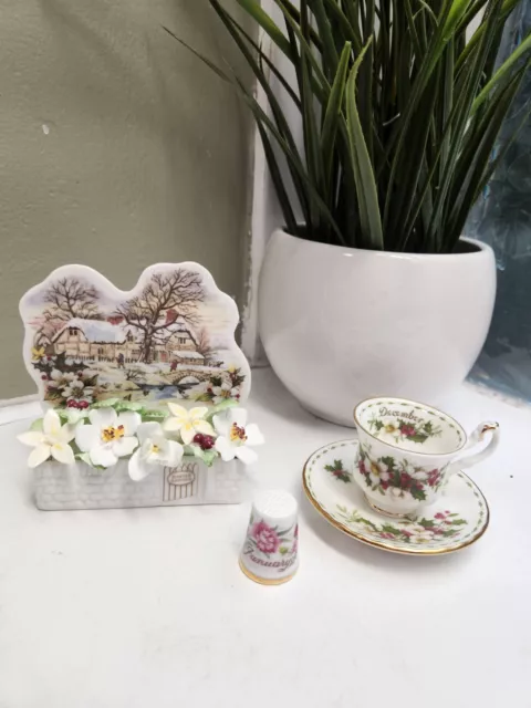 Royal Albert Bone China December Miniature Cup & Saucer + Thimble & Winter Scene